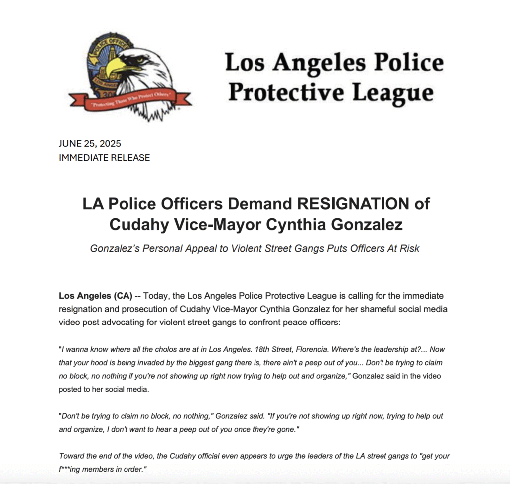 Where’s the Outrage? Sheriff Luna, ALADS Silent While LAPD Union Demands Accountability Over Cudahy Vice Mayor’s Gang-Inciting Rhetoric - and It's Not Even Their Patrol Area!