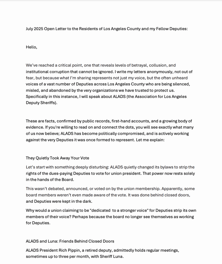 New “Just a Deputy” Letter Exposes Union Corruption, Luna Collusion, and the Betrayal of Los Angeles County Deputies