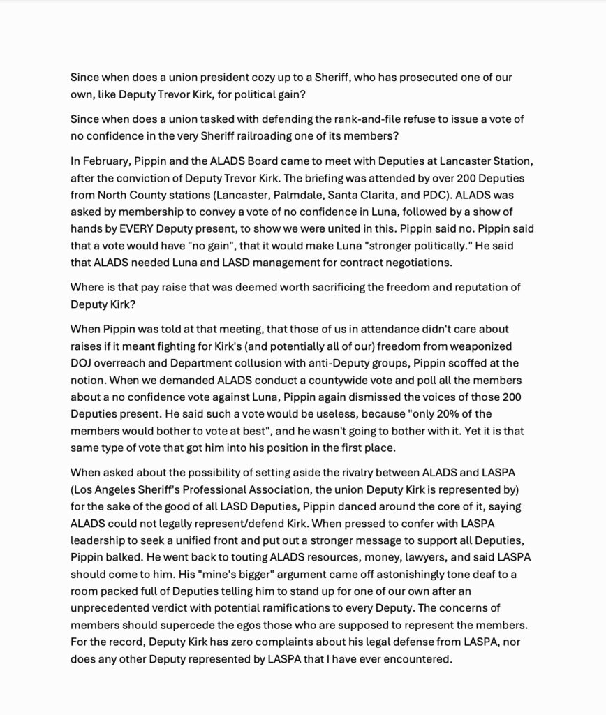 New “Just a Deputy” Letter Exposes Union Corruption, Luna Collusion, and the Betrayal of Los Angeles County Deputies