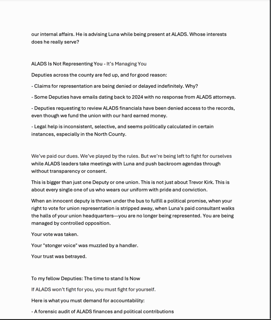 New “Just a Deputy” Letter Exposes Union Corruption, Luna Collusion, and the Betrayal of Los Angeles County Deputies