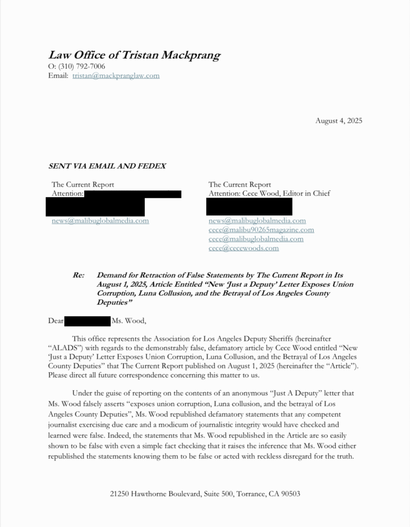 ALADS vs. the First Amendment: Union Targets Investigative Journalist with Cease-and-Desist Over "Just A Deputy" Whistleblower Letter