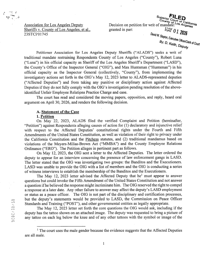 Sheriff Luna Feeds LASD Deputies to the Wolves: LA Superior Court Judge Greenlights OIG&rsquo;s External Witch Hunt on Deputy &ldquo;Gangs&rdquo;
